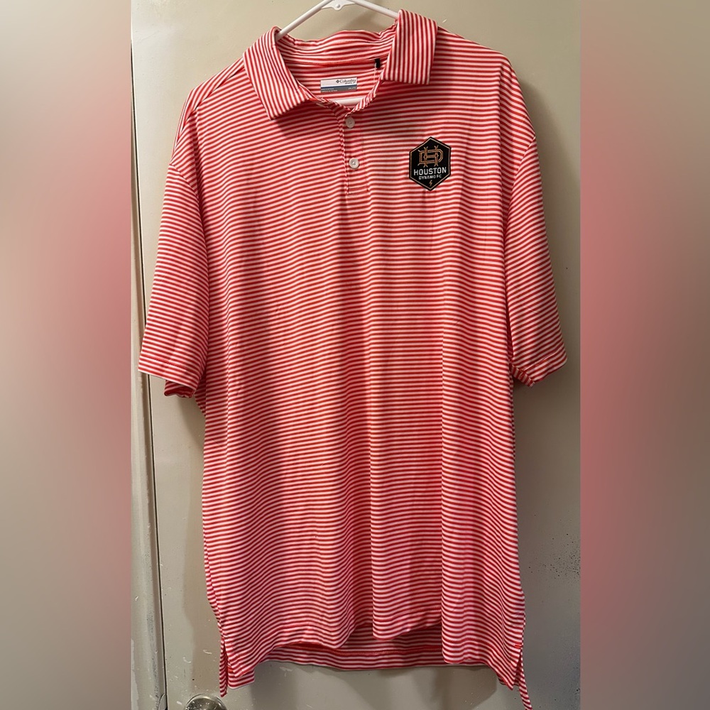 Columbia Orange and White Striped Golf Shirt with Dynamo logo. 2XL